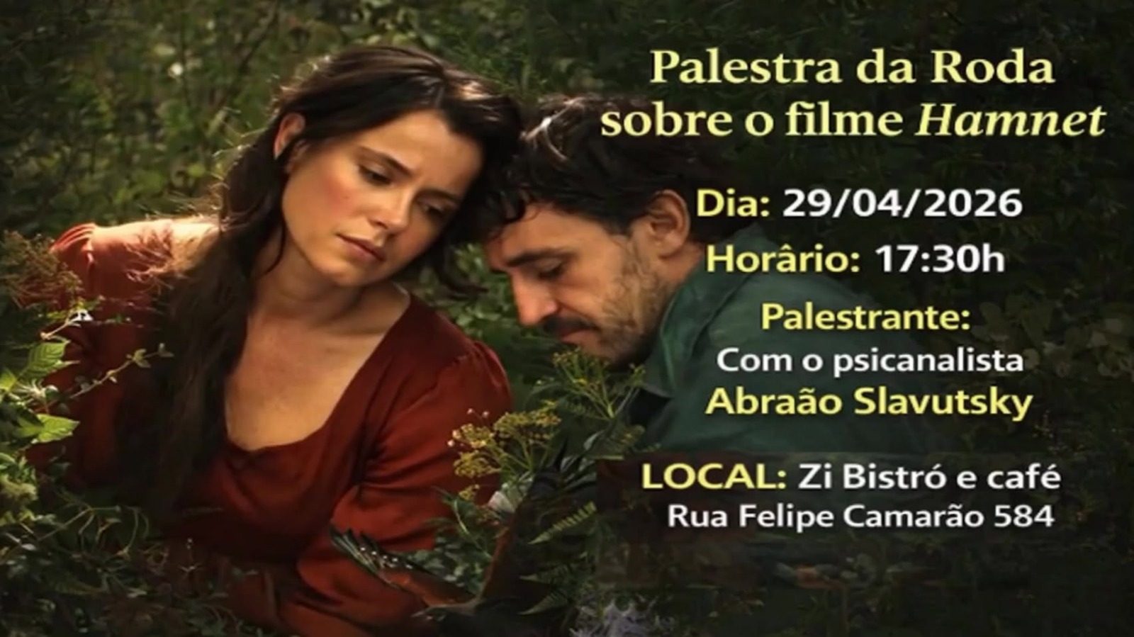 Cartaz da palestra da Roda sobre o filme Hamnet